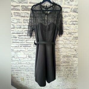 Badgley Mischka black lace top belted dress size 12 with pockets